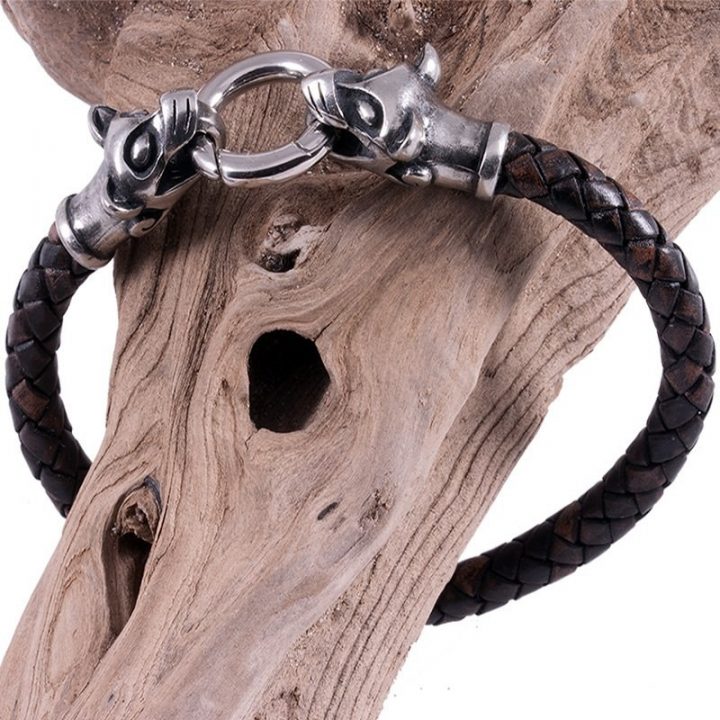 ​​Viking Armband met Wolfskop in Tin Klein