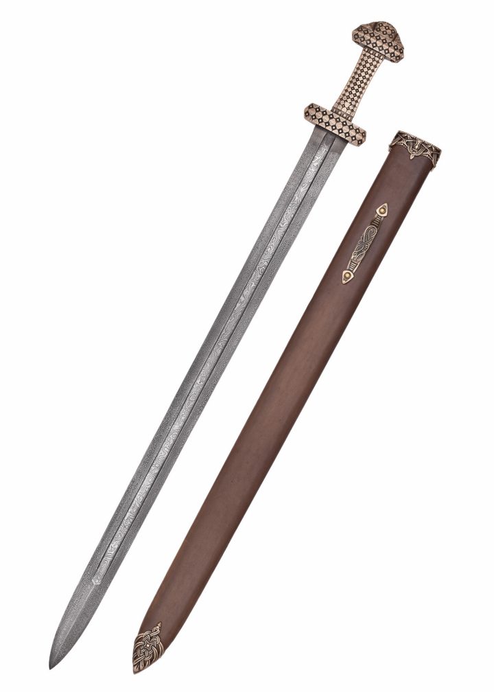 Wikingerschwert mit Bronzegriff, Damaststahl mit Scheide