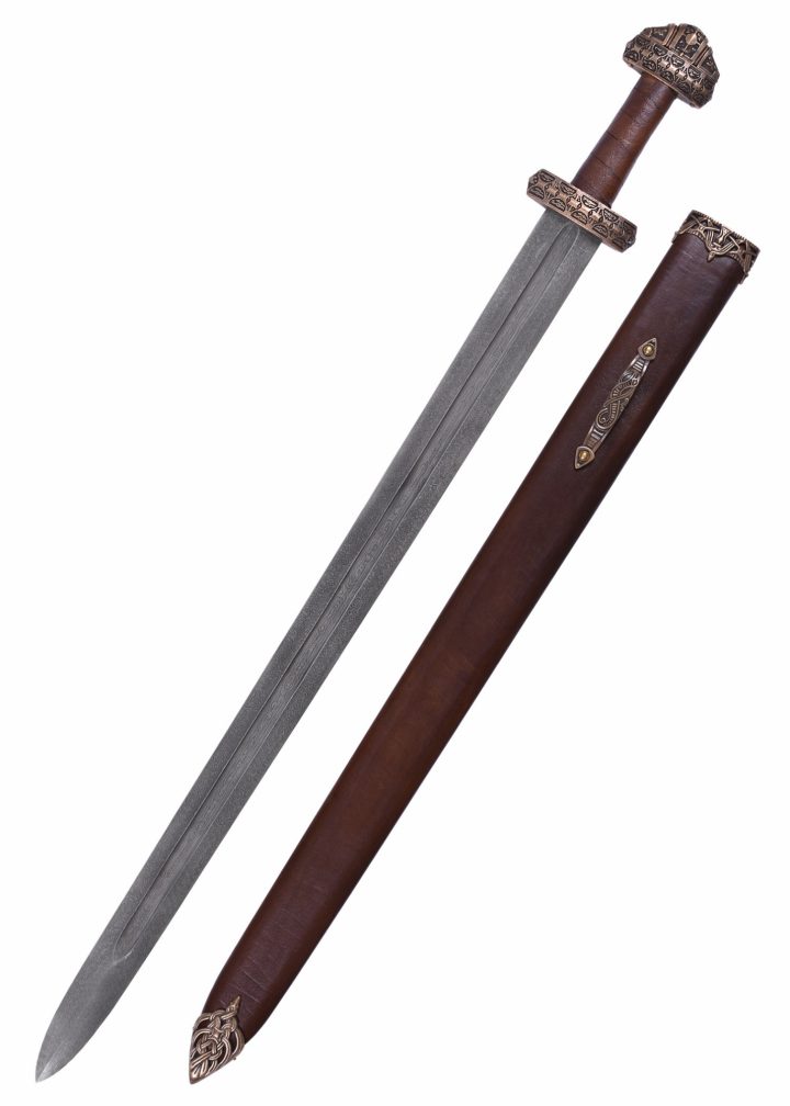 Wikingerschwert (Insel Eigg) mit Ledergriff, Damaststahl mit Scheide