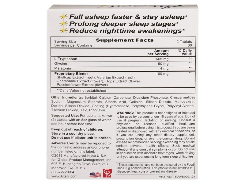 Alteril Sleep Aid Tablets 60ct, 3 Sleep Aids In One, 5mg Melatonin, L-Tryptophan & Valerian - Image 7