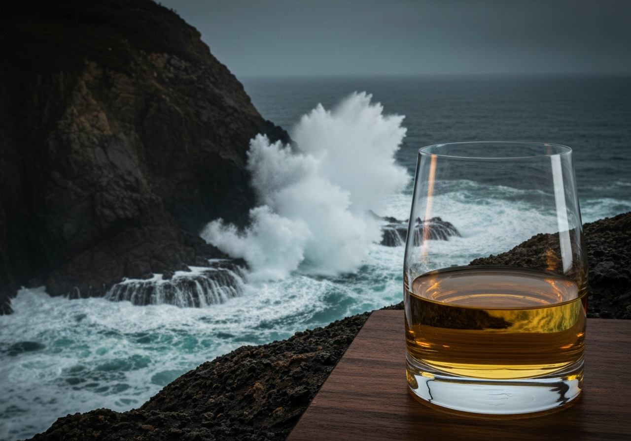 An atmospheric photo of a rugged coastline with crashing waves and sea spray, next to a glass of golden whisky to evoke maritime saltiness.