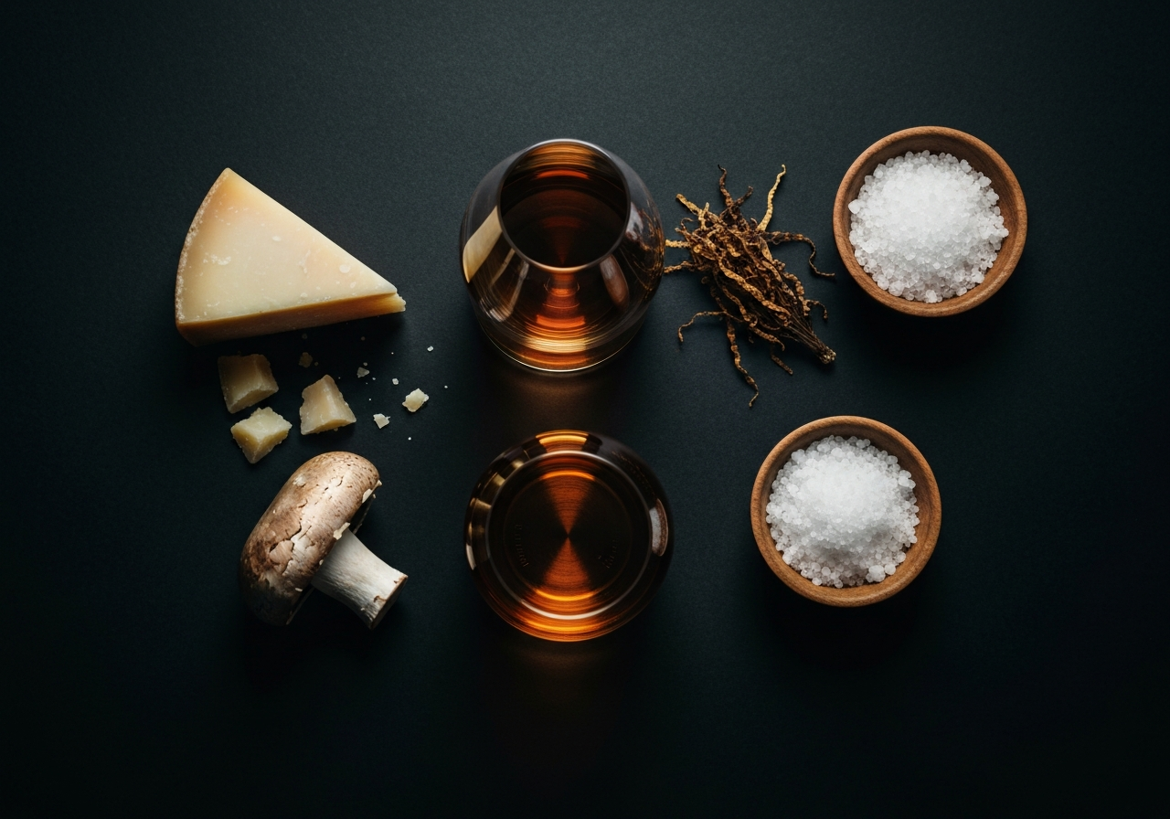 A sophisticated flat-lay of a whisky tasting set alongside savory pairing elements: a piece of aged parmesan, a mushroom, a sprig of dried tobacco, and a bowl of sea salt.