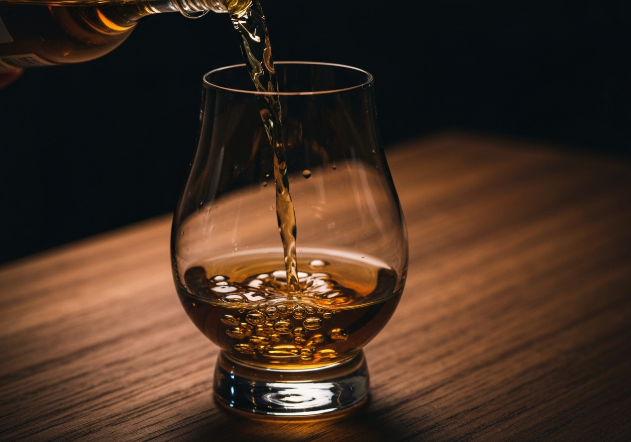 A cinematic close-up of whisky being poured into a Glencairn glass, showing the 'swirl' and air bubbles forming.