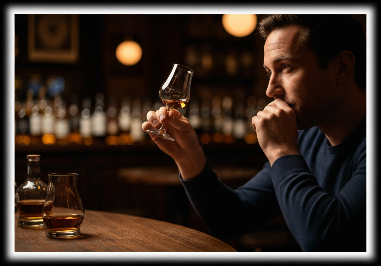 A person in a dimly lit, cozy bar holding a Glencairn glass up to the light, looking thoughtful during a tasting.