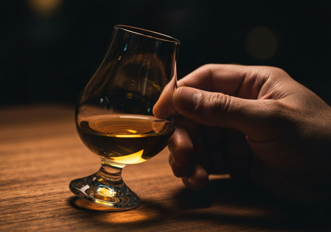 A high-quality close-up of a person gently nosing a Glencairn glass, with golden whisky reflecting light.