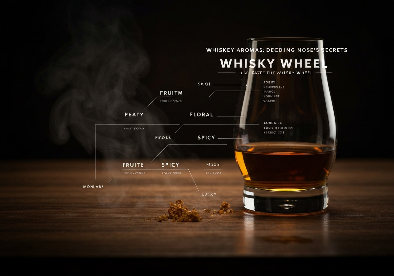 An infographic or diagram showing the different aroma categories of the Whisky Wheel (e.g., Peaty, Fruity, Floral, Spicy).