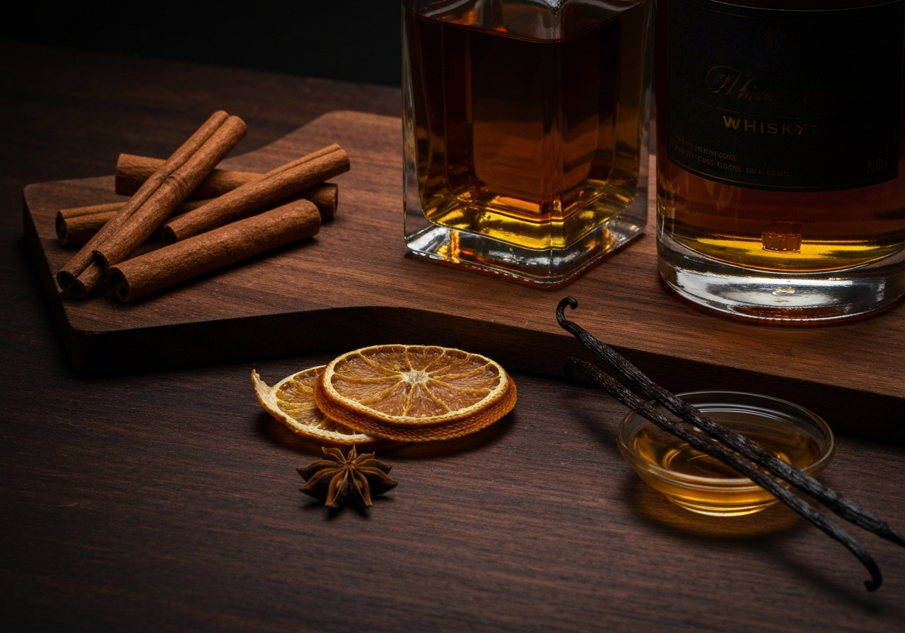 A moody shot of various 'aroma anchors' like cinnamon sticks, dried orange peels, leather, and vanilla beans surrounding a bottle of whisky.