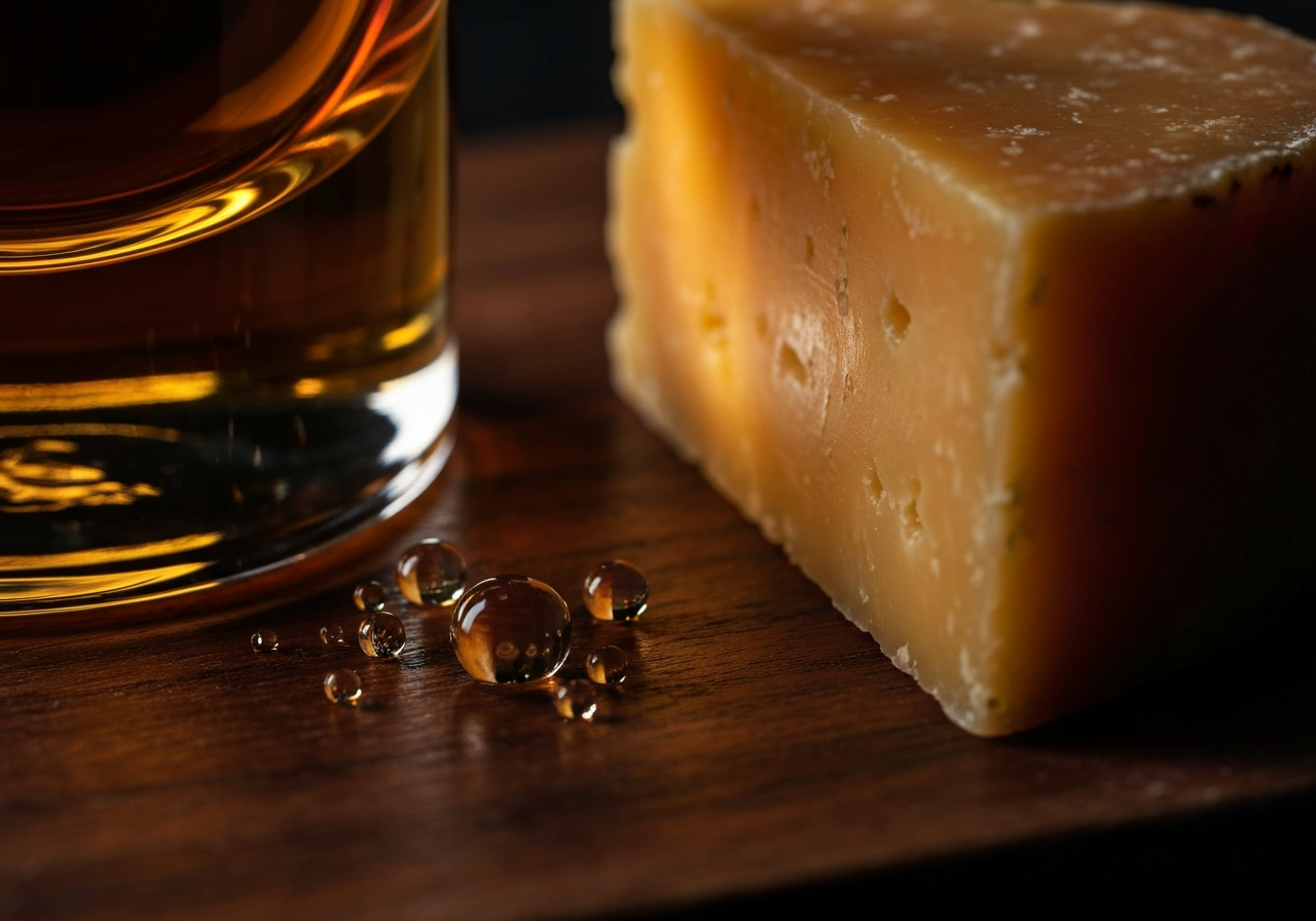 A close-up macro shot of whiskey droplets next to a slice of crystalline aged cheddar, showing textures of both.