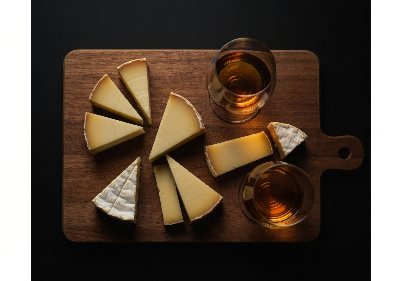 An overhead shot of a diverse cheese board with three different whiskey glasses (Glencairn style) containing varying shades of amber liquid.