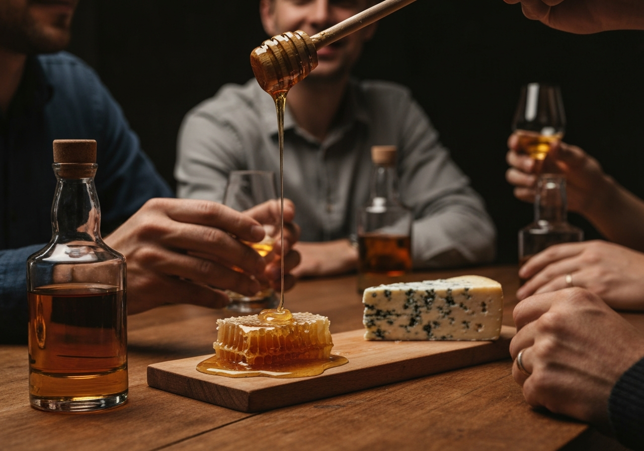 A lifestyle shot of a group of people at a wooden table, engaged in a tasting, with honey dripping from a honeycomb onto a wedge of blue cheese.