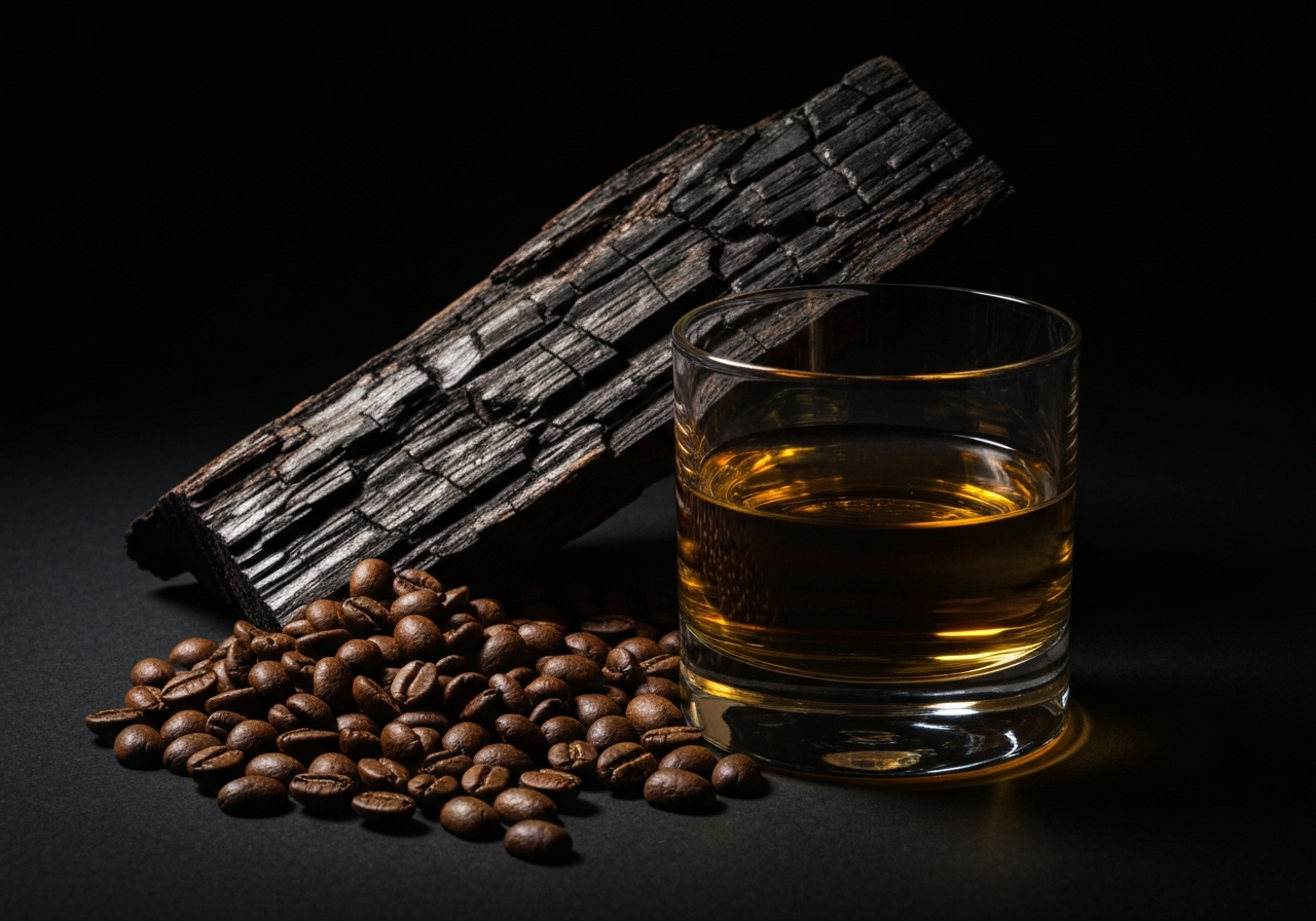 A moody, high-contrast shot of roasted coffee beans spilling next to a glass of golden whiskey and a piece of raw charred oak.