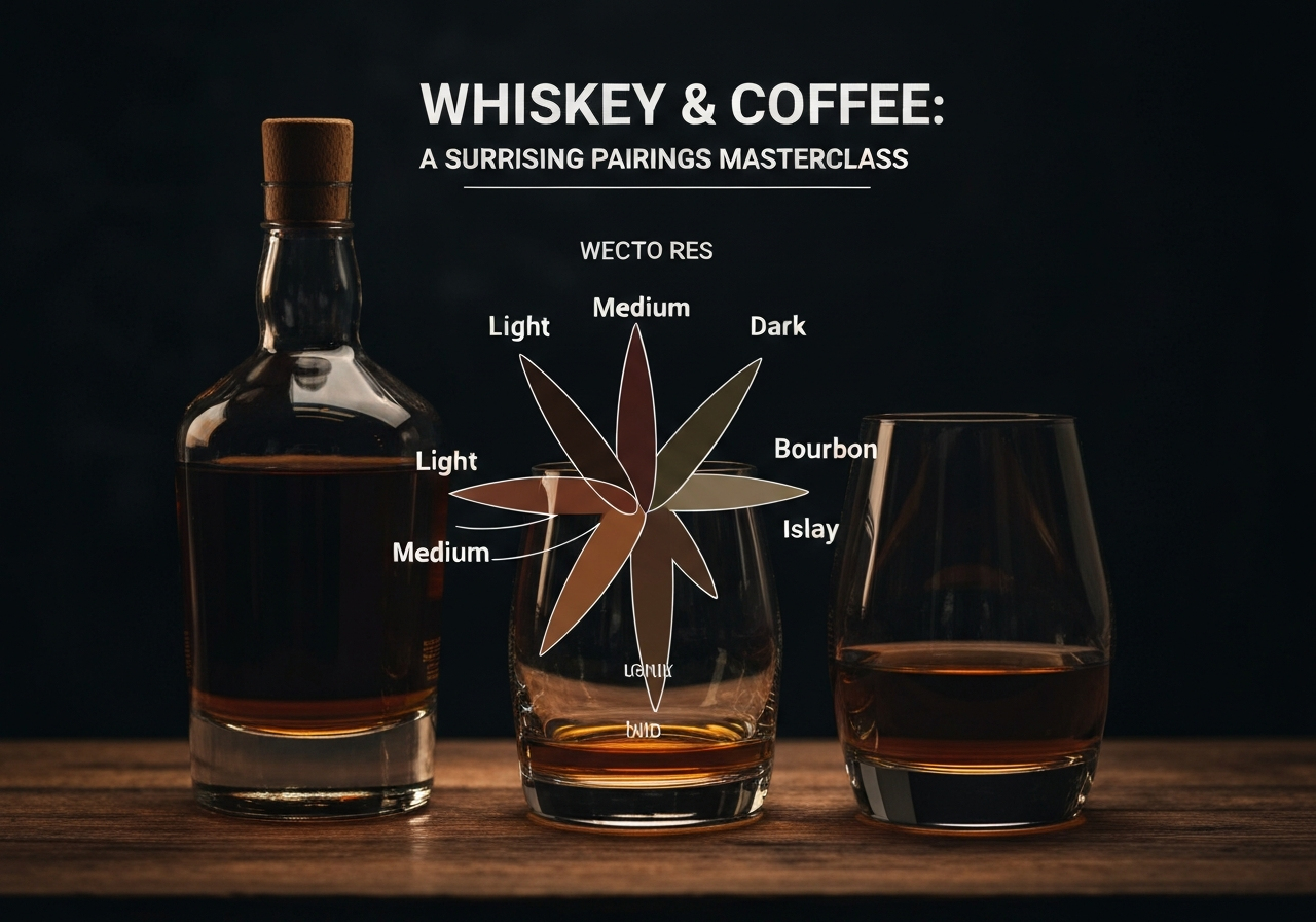 An infographic or 'Flavor Wheel' showing the overlap between coffee roast levels (Light, Medium, Dark) and whiskey styles (Speyside, Bourbon, Islay).
