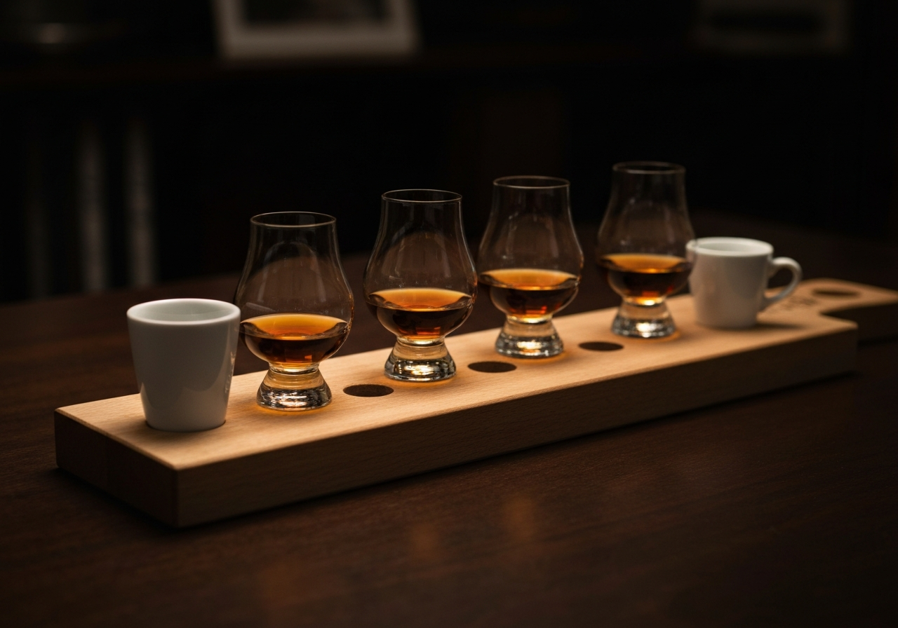 A lifestyle shot of a home tasting setup with three small coffee cups and three Glencairn glasses arranged on a wooden flight board.