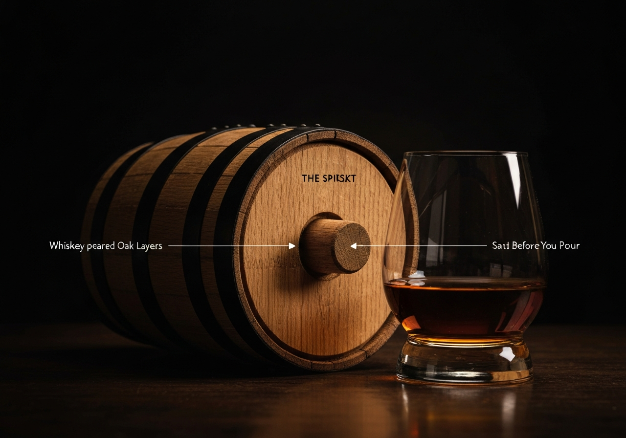 A cross-section diagram of a charred oak barrel showing how the spirit penetrates the wood layers.