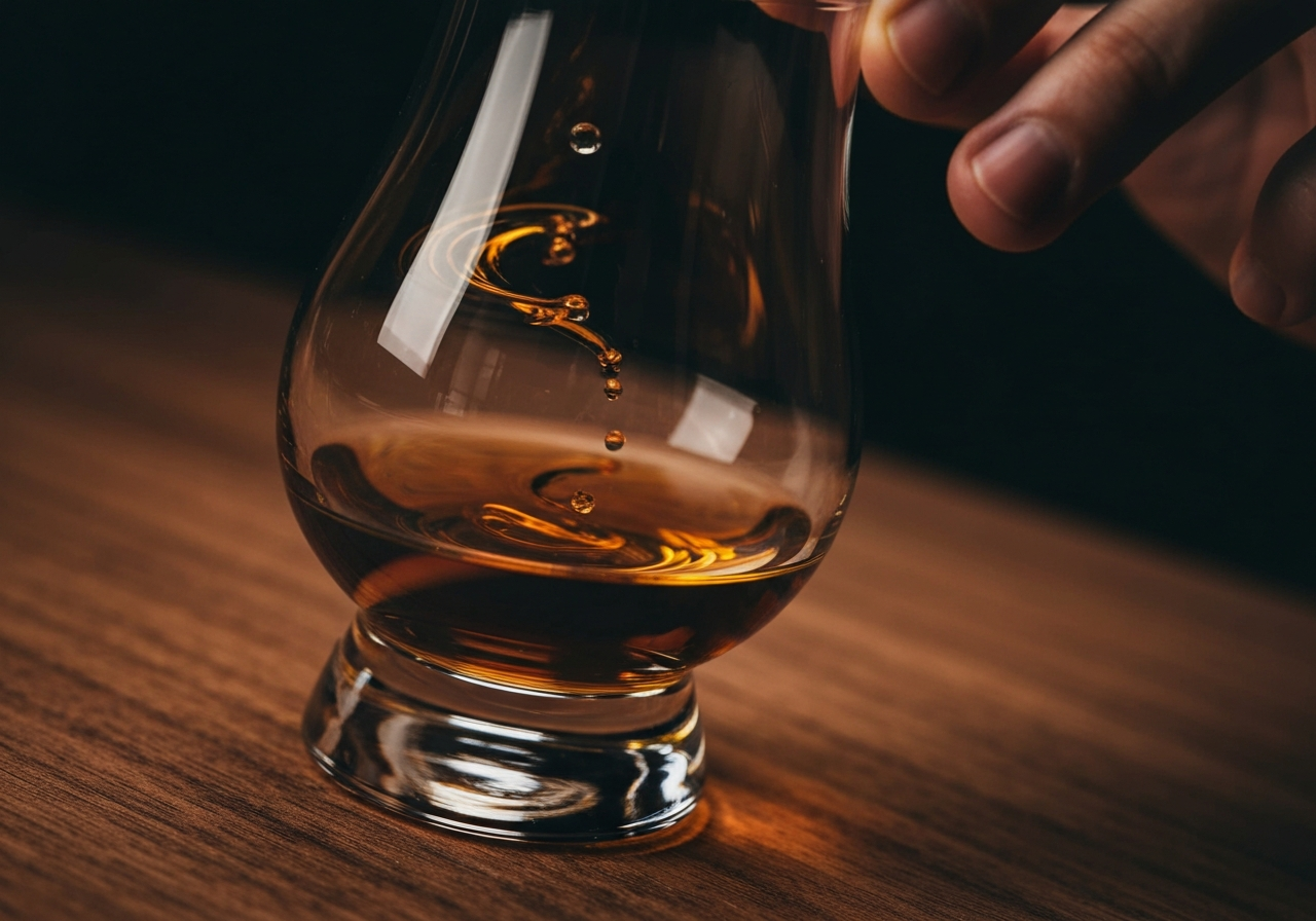 A close-up of a Glencairn glass being swirled, highlighting the 'legs' or 'tears' on the side of the glass.