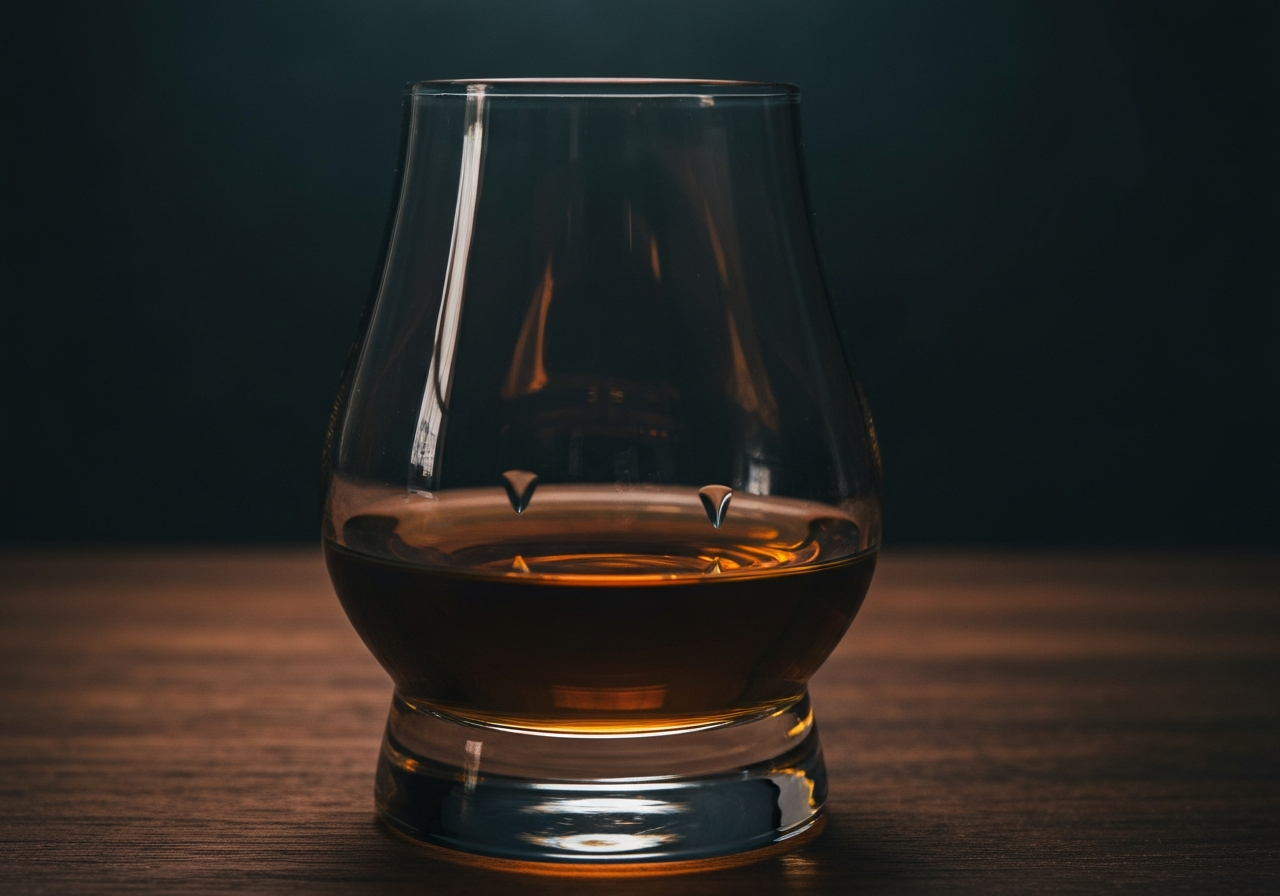 A macro shot of whiskey in a Glencairn glass showing the 'legs' or 'tears' on the side of the crystal against a dark, moody background.