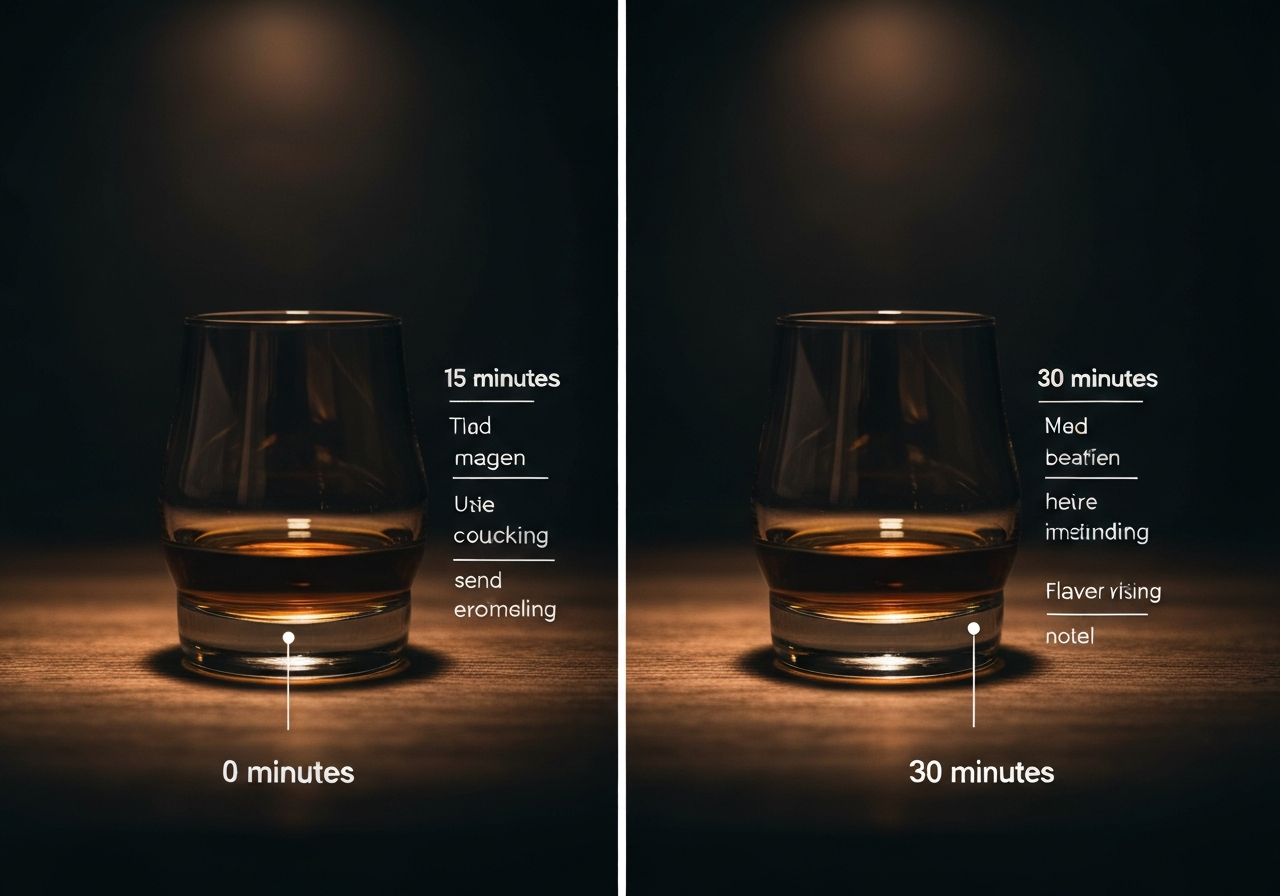 An infographic or side-by-side photo showing a glass of whiskey at 0 minutes, 15 minutes, and 30 minutes, perhaps with text overlays of changing flavor notes.