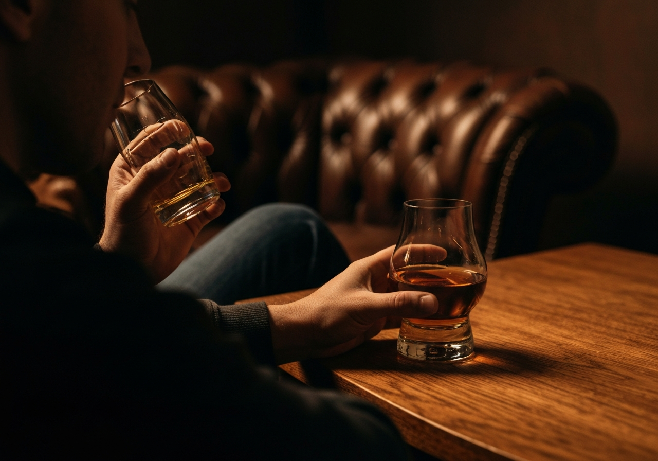A warm, atmospheric photo of a person sitting in a leather chair, looking thoughtfully at a glass of whiskey, emphasizing the 'contemplative' nature of slow drinking.