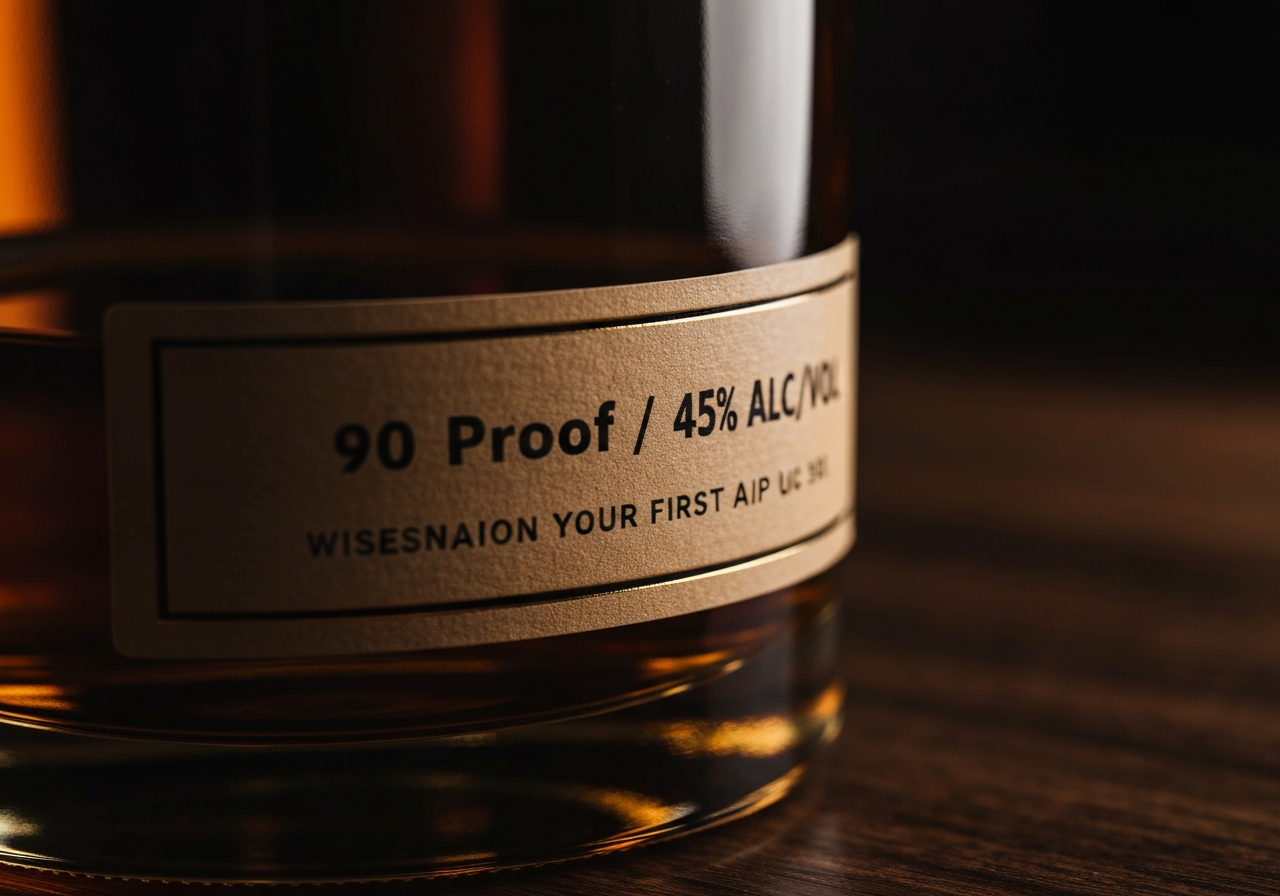 A close-up macro shot of a whiskey bottle label focusing on the '90 Proof / 45% ALC/VOL' text.
