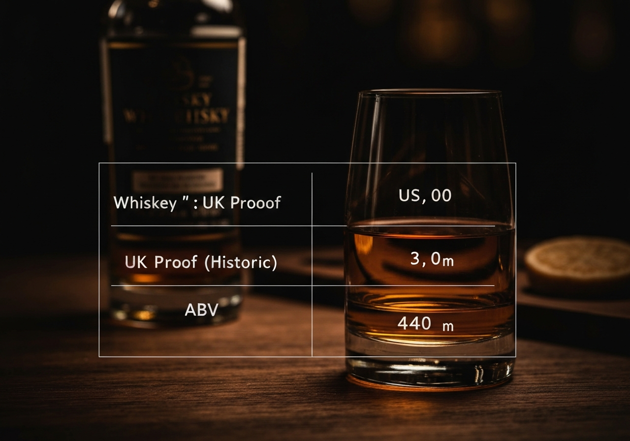 An infographic or chart showing the conversion between US Proof, UK Proof (historic), and ABV.
