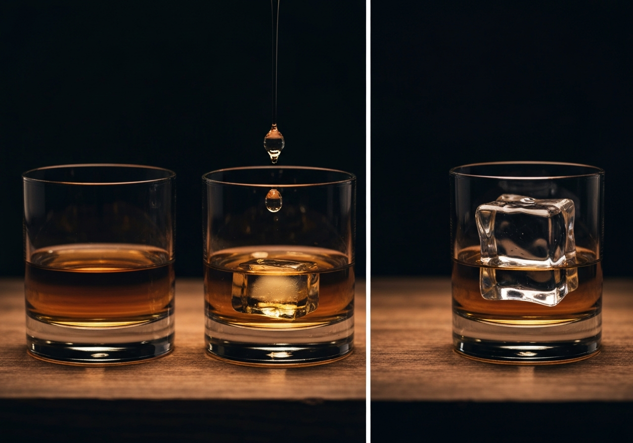 A side-by-side comparison of three glasses of whiskey: one neat, one with a drop of water, and one with a large clear ice cube.