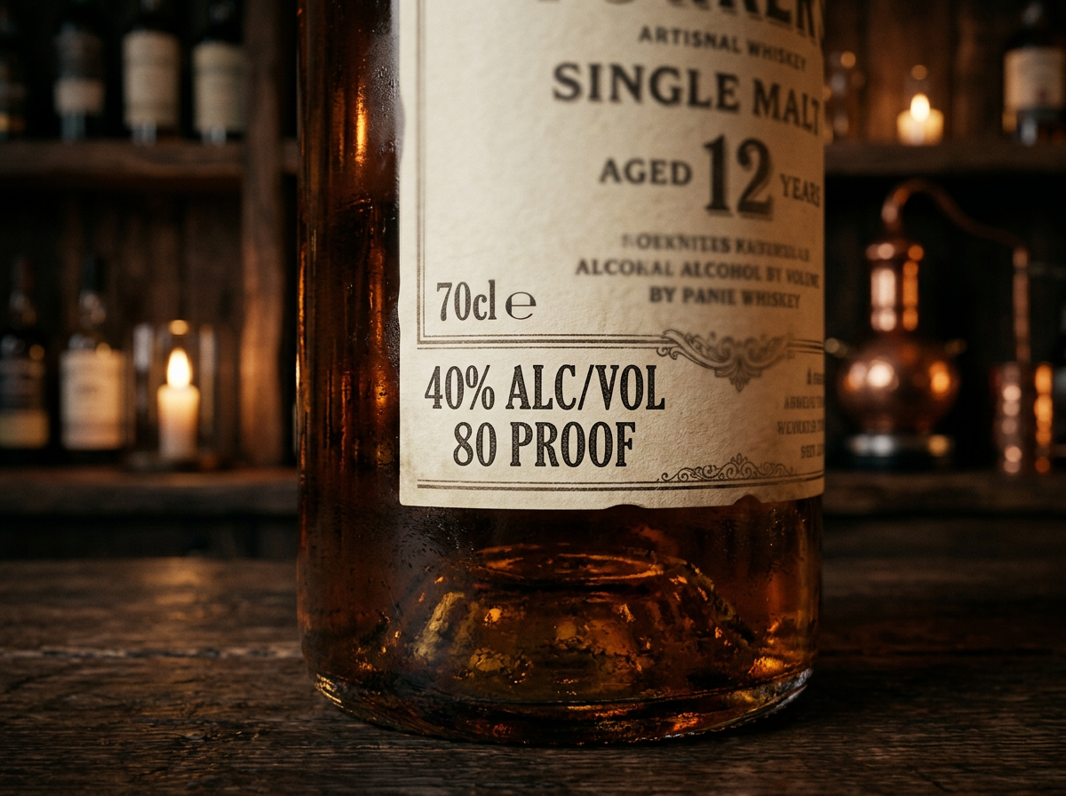 A close-up high-quality photo of a whiskey bottle label focusing on the '40% ALC/VOL' and '80 PROOF' text.