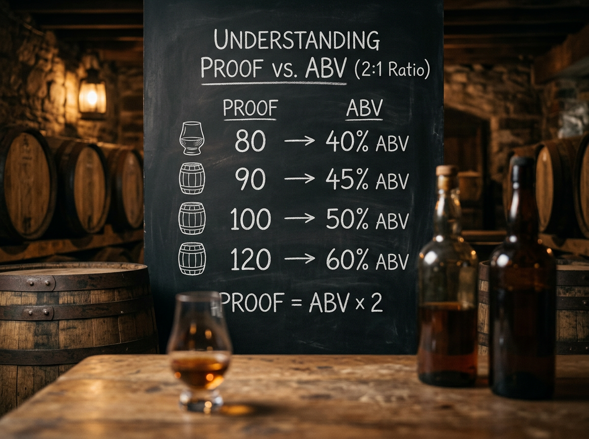 An infographic or simple chart showing the 2:1 ratio conversion between common Proofs (80, 90, 100, 120) and their ABV counterparts.