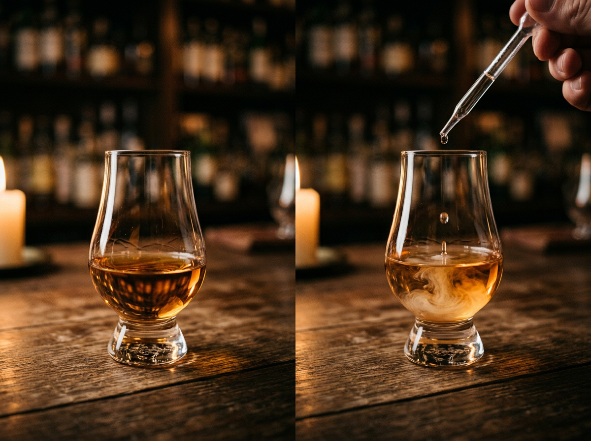 A split-screen image: one side showing a neat glass of whiskey, the other side showing a pipette dropping a single bead of water into the glass with visible 'louche' or swirling effect.