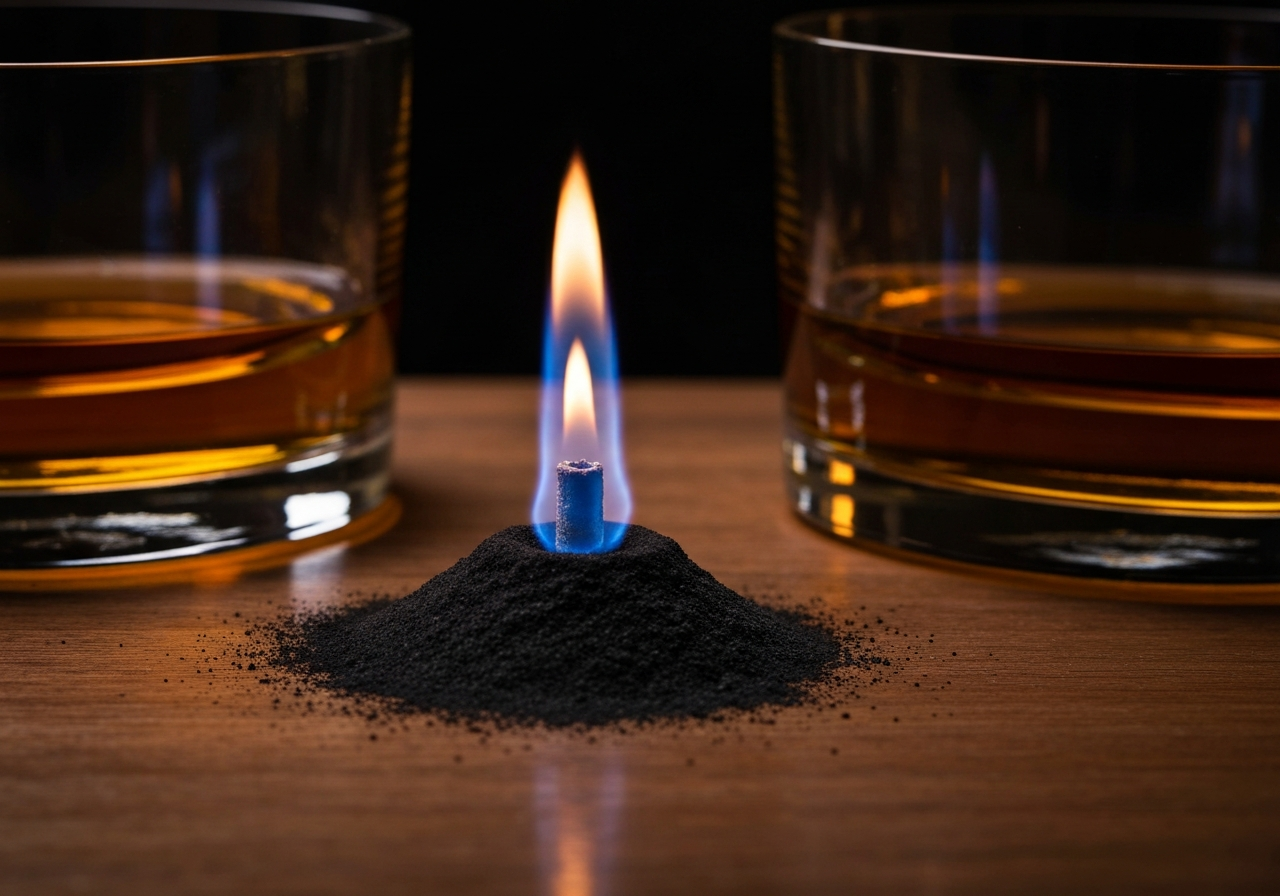 A vintage-style illustration or photo showing the 18th-century gunpowder proof test with a small blue flame over a spirit-soaked pile of black powder.