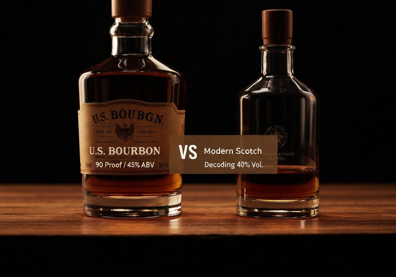 A side-by-side comparison infographic showing a US Bourbon label (e.g., 90 Proof / 45% ABV) and a modern Scotch label (e.g., 40% vol).