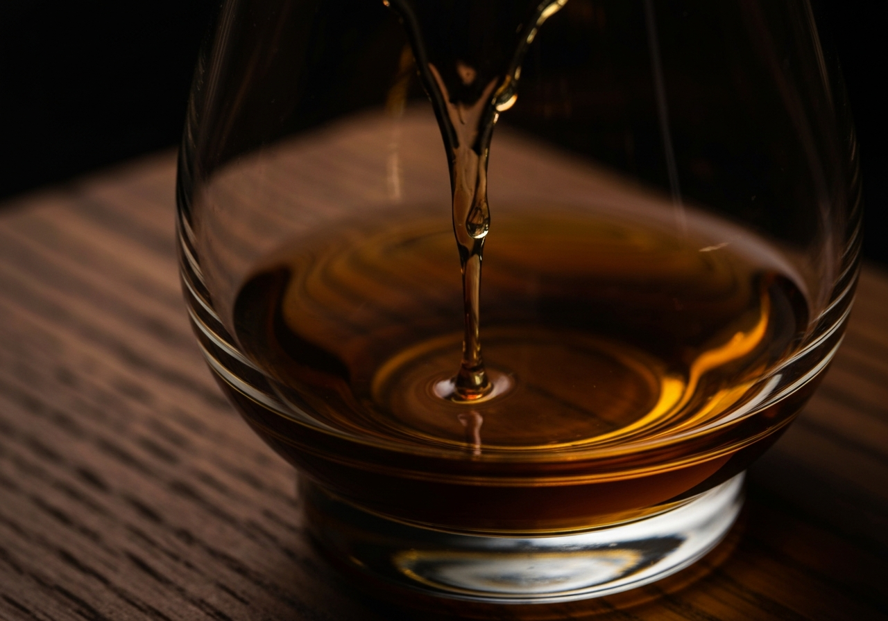 A macro photograph of whiskey 'legs' or 'tears' running down the inside of a Glencairn glass, illustrating the viscosity of high-proof spirit.