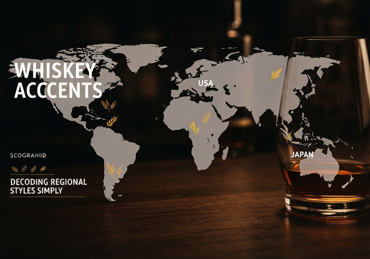 An infographic map of the world highlighting Scotland, Ireland, USA, and Japan with small icons representing their primary grains (barley, corn, etc.).