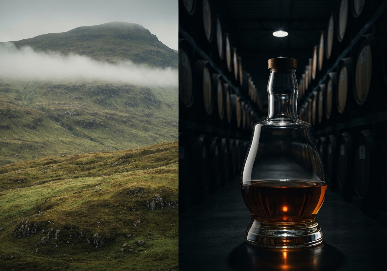A split-screen image showing a misty, green Scottish Highland landscape next to a dark, moody warehouse filled with peated Islay barrels.