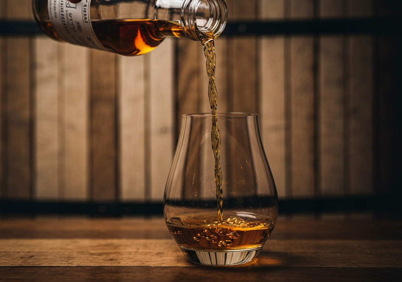 A close-up of amber-colored liquid being poured into a Glencairn glass against the backdrop of charred white oak barrel staves.