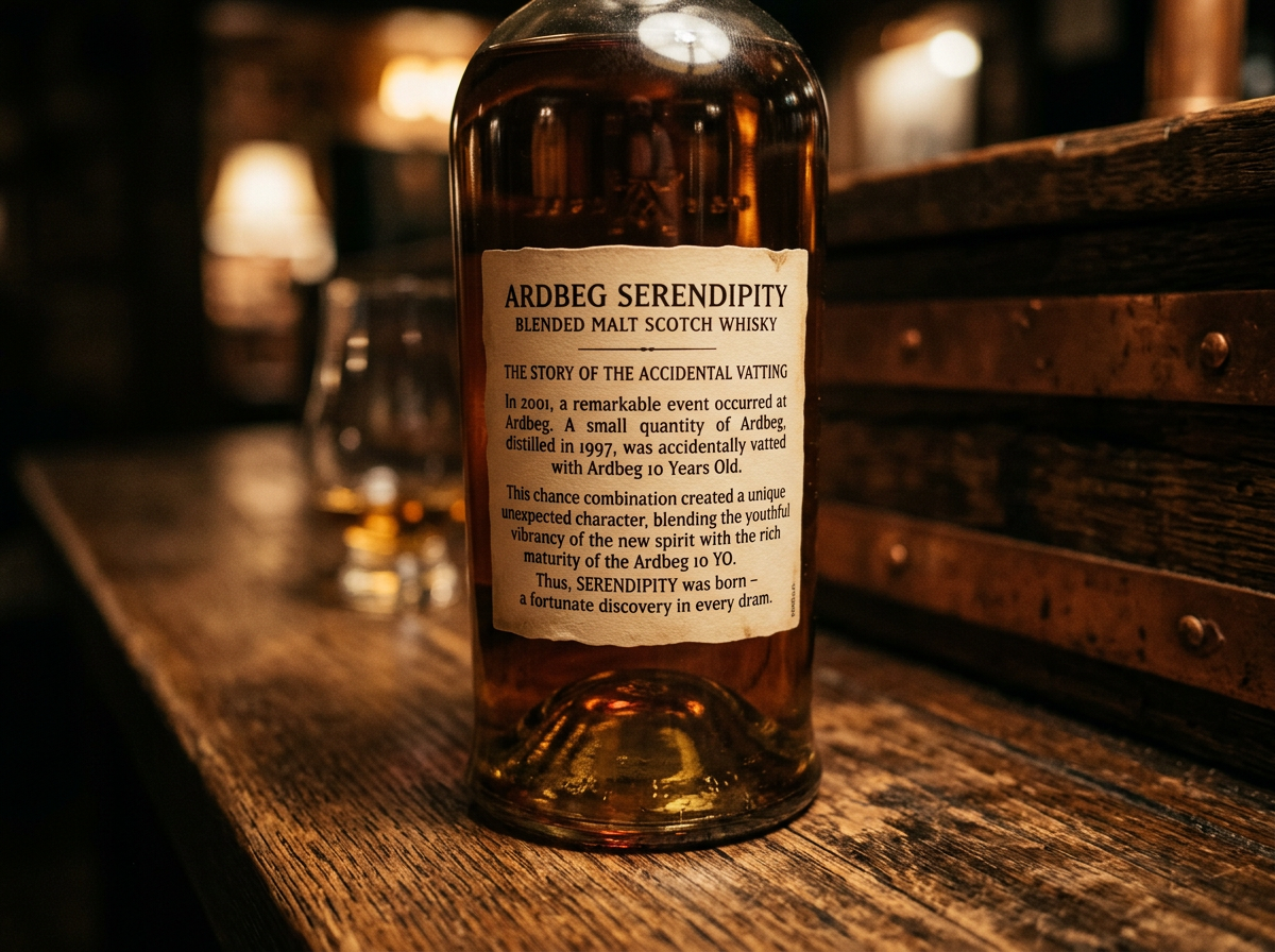 A close-up photograph of an Ardbeg Serendipity bottle label, highlighting the story printed on the back about the accidental vatting.