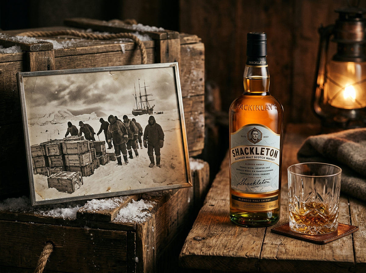 Archival photo of the Shackleton expedition team with wooden crates in the snow, juxtaposed with a modern bottle of Shackleton Blended Malt.