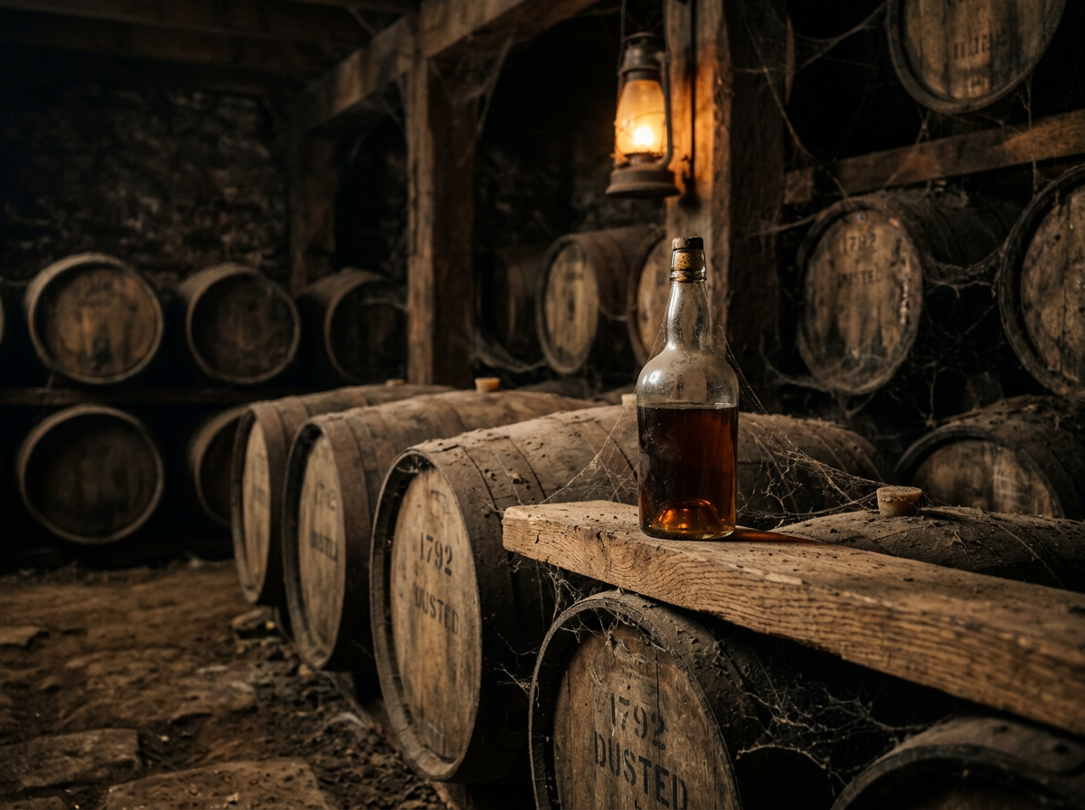 An atmospheric shot of an 18th-century style dark whiskey warehouse with barrels covered in dust and cobwebs, symbolizing forgotten history.
