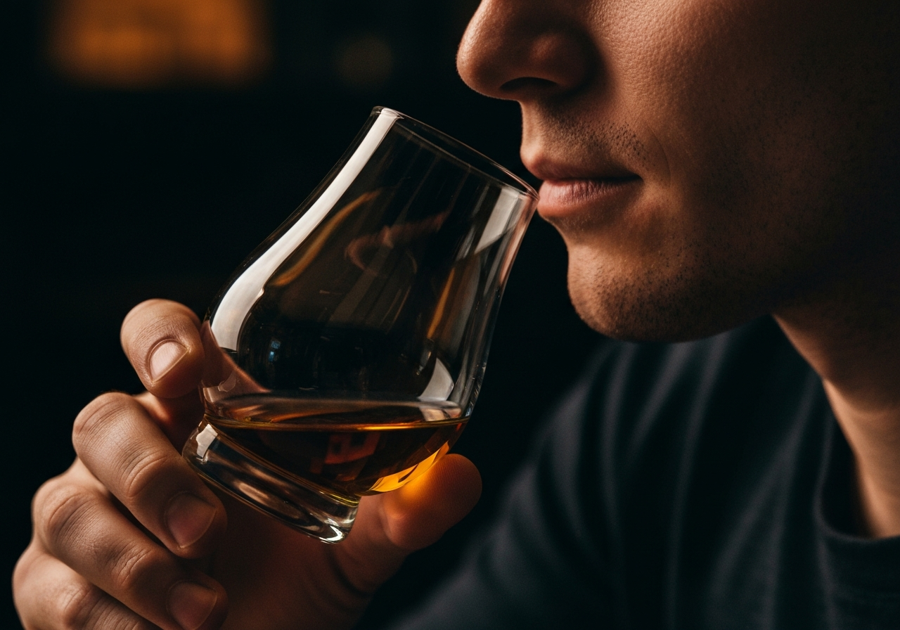 A close-up, high-quality photo of a person holding a Glencairn glass to their lips, looking thoughtful, with warm lighting.