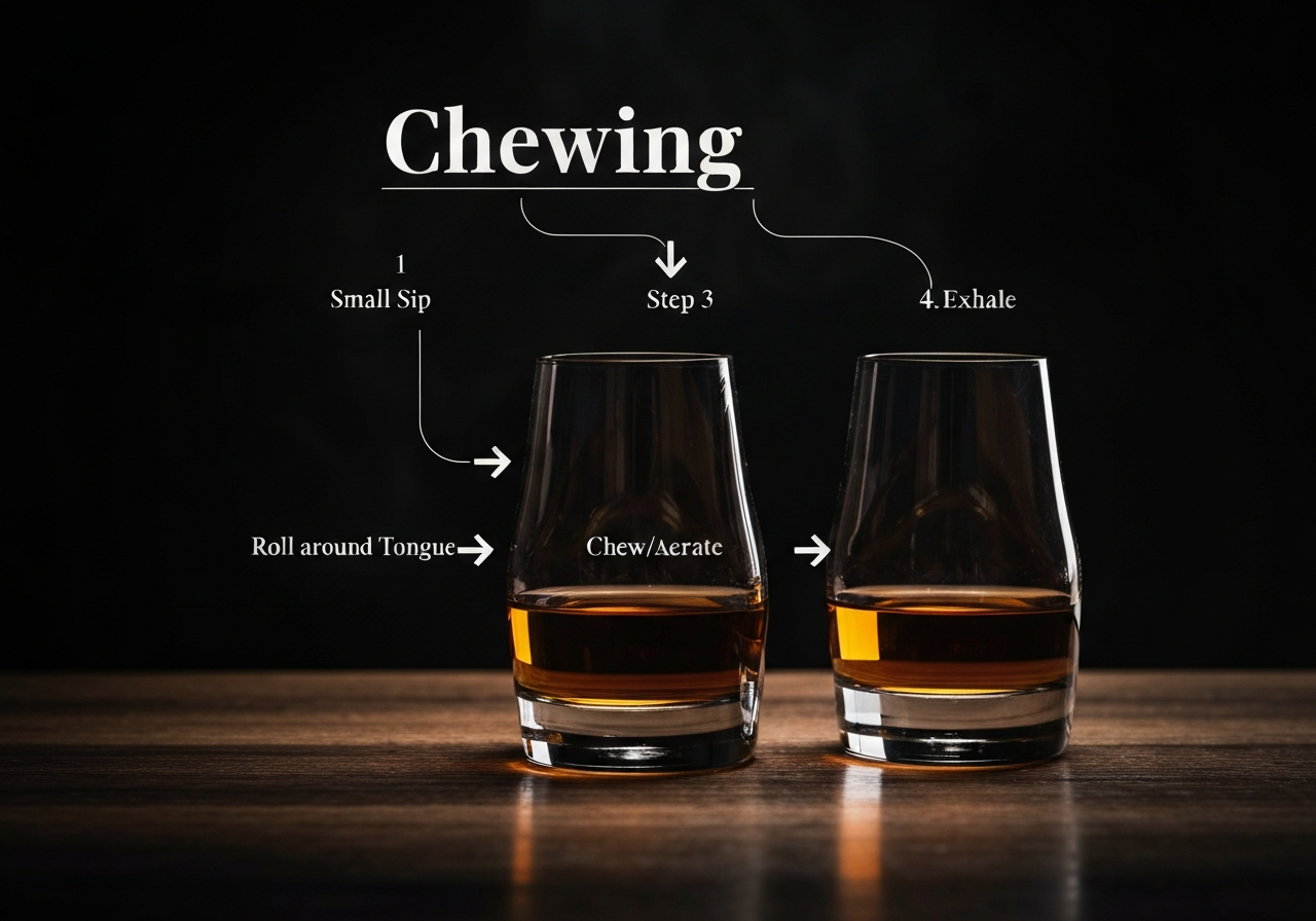 An infographic diagram showing the 'Chewing' process: Step 1: Small Sip, Step 2: Roll around tongue, Step 3: Chew/Aerate, Step 4: Exhale.