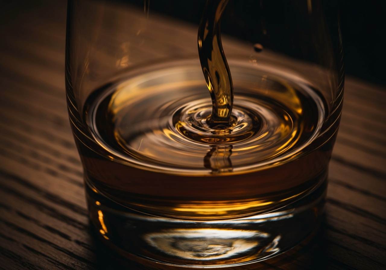 A macro shot of whisky swirling in a glass, highlighting the 'legs' (viscosity) and golden amber reflections.