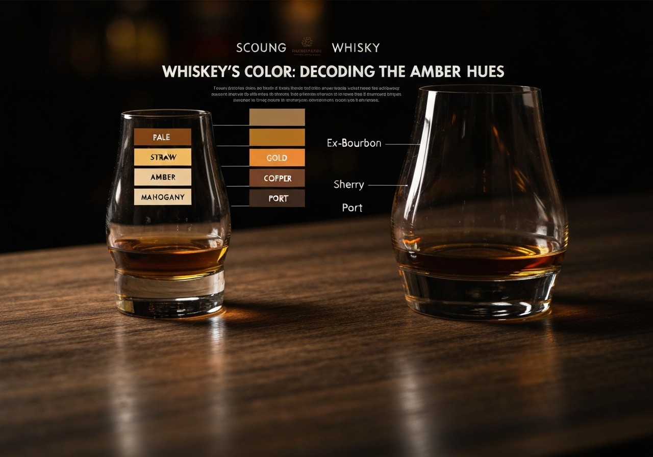An infographic showing the different shades of whisky (Pale Straw, Gold, Amber, Copper, Mahogany) with the corresponding cask types (Ex-Bourbon, Refill, Sherry, Port).
