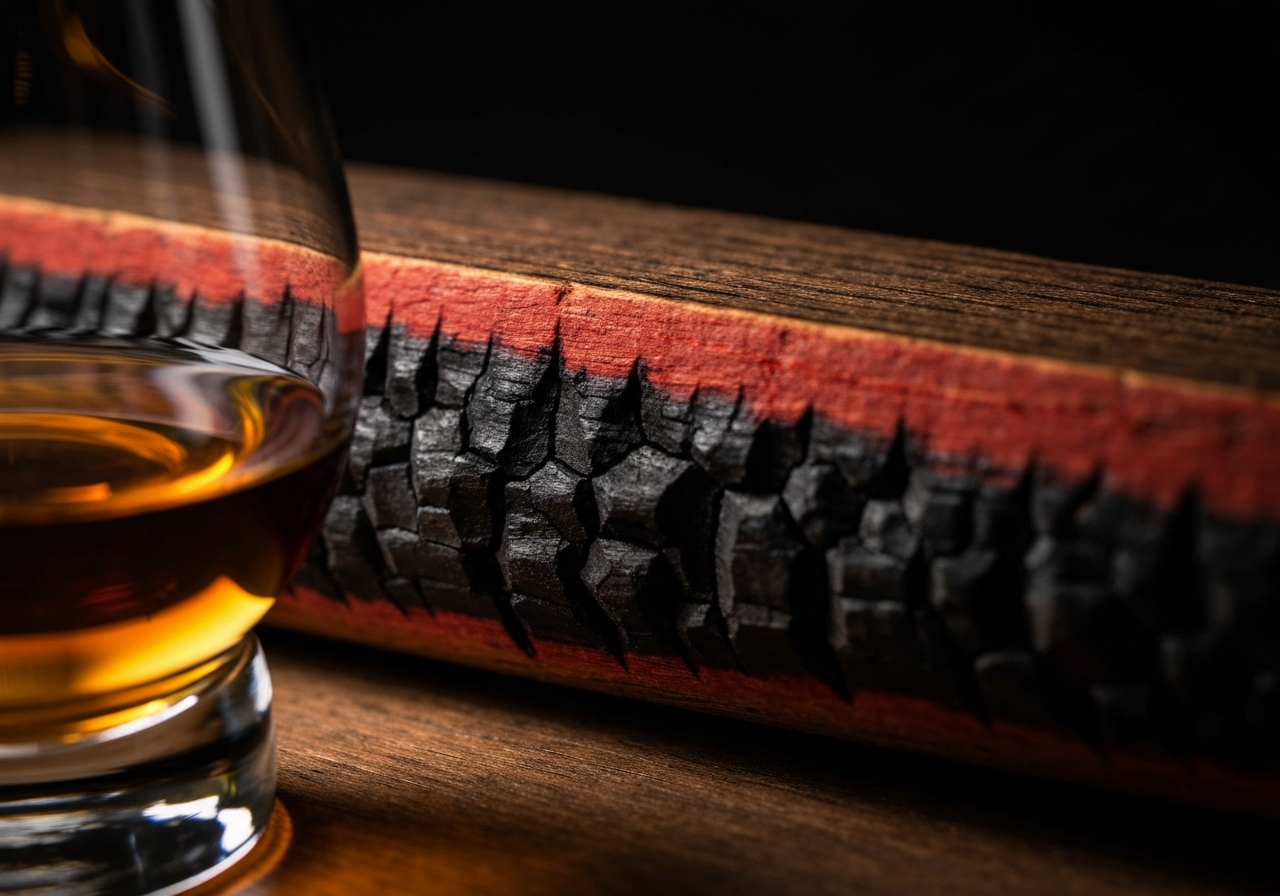 A macro photograph of a charred oak stave, showing the 'red layer' and the black carbon char where the spirit interacts with the wood.