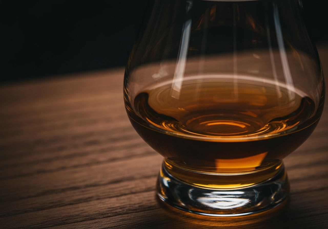 A close-up, high-quality shot of a Glencairn glass with amber liquid, showing the 'legs' of the whisky and the tapered rim.