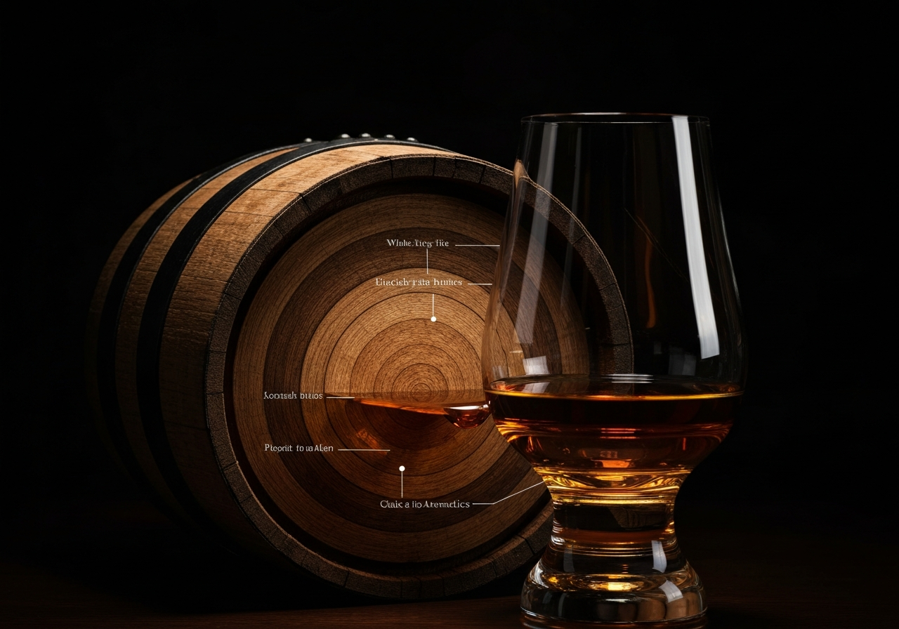An infographic or artistic cross-section of an oak barrel, illustrating the layers of wood char and the penetration of the spirit.