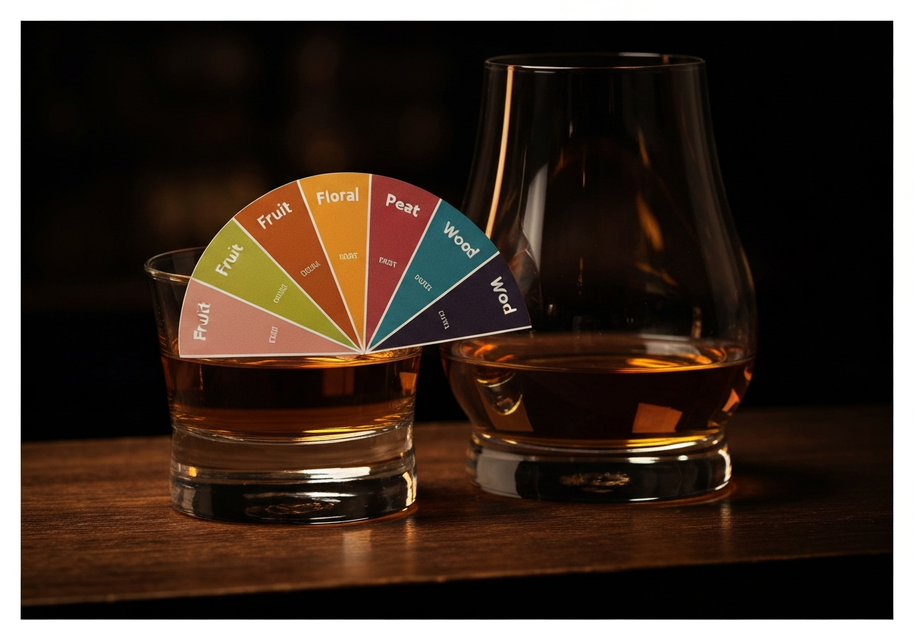 A visually appealing Whisky Flavor Wheel with colorful segments representing Fruit, Floral, Peat, and Wood categories.