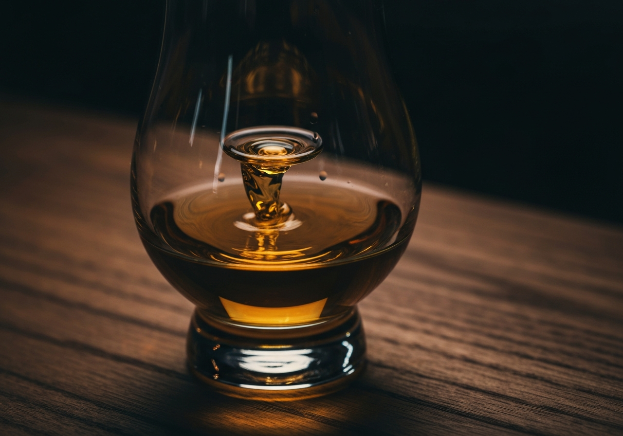 A high-quality macro shot of a golden whisky being swirled in a Glencairn glass, showing 'legs' on the side of the glass to symbolize viscosity.