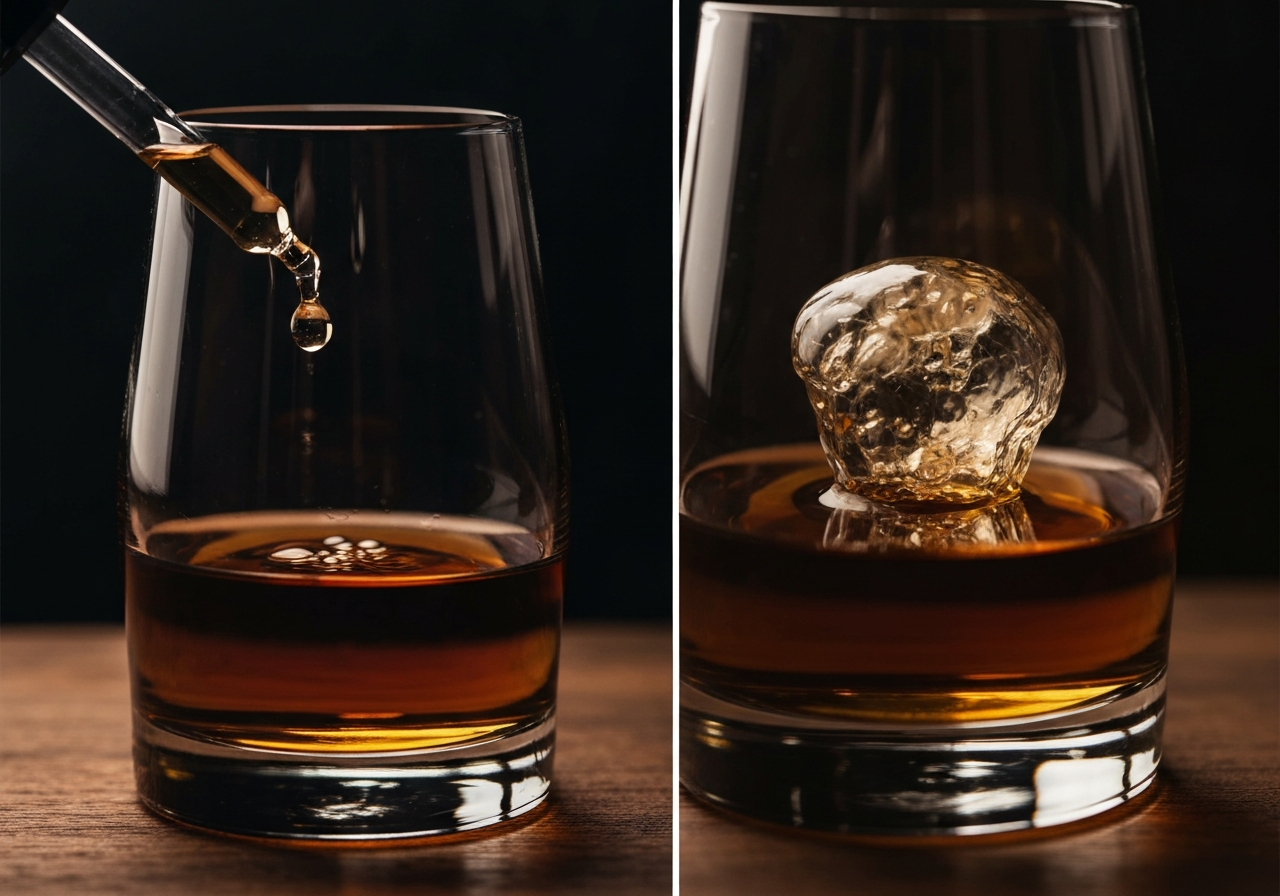 A split-screen style image: one side showing a dropper adding a single bead of water to a dark amber whisky, the other side showing a close-up of the 'bloom' effect.