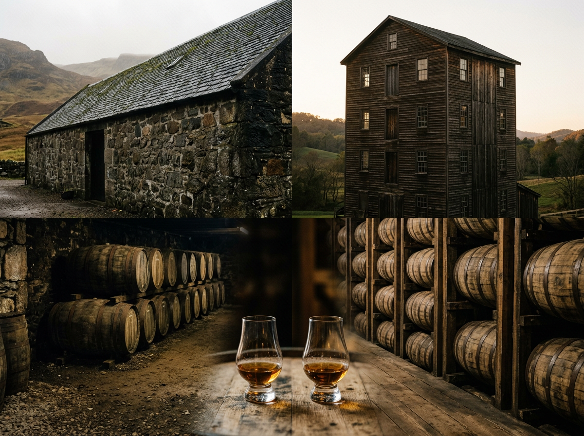 A side-by-side comparison graphic showing a traditional low-slung stone dunnage warehouse in Scotland versus a towering multi-story wooden rickhouse in Kentucky.