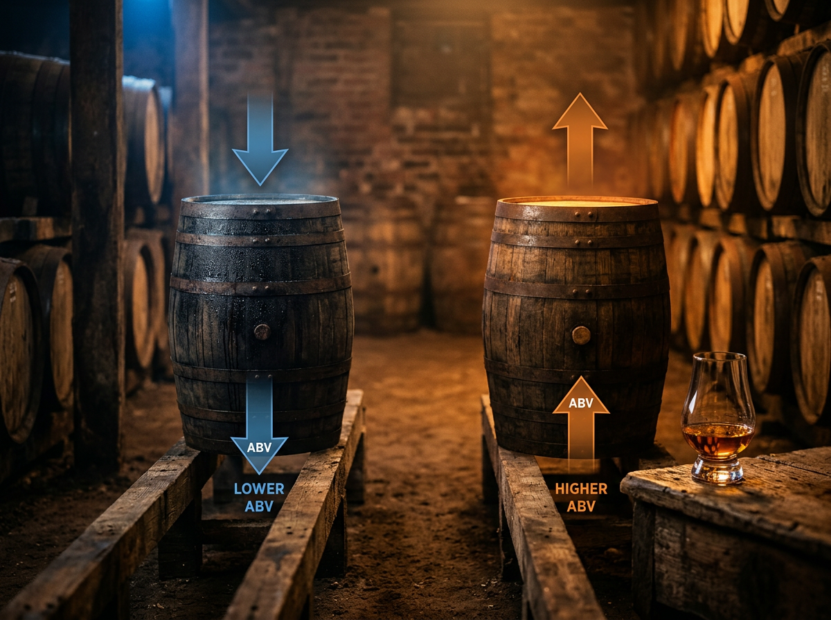An infographic illustrating the 'Proof Paradox': A blue arrow for high humidity leading to lower ABV, and an orange arrow for low humidity leading to higher ABV.