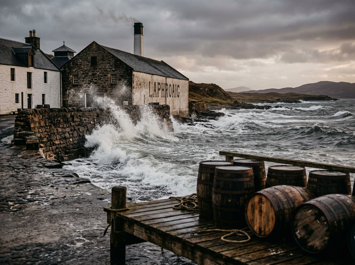 A map or atmospheric photo showing a distillery like Laphroaig or Bowmore with waves crashing against the warehouse walls to emphasize maritime influence.